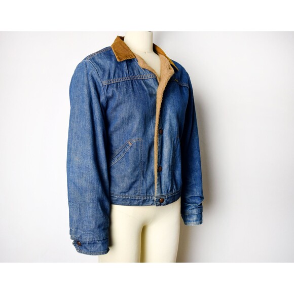 1970s Wrangler Denim Jacket Size Small 70s Faux Fur Lined Jean Jacket Denim Coat - Picture 2 of 10